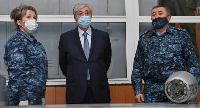 Kazakh President Kassym-Jomart Tokayev visits a police operations centre in Almaty on Wednesday. EPA