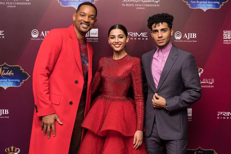 Will Smith, Naomi Scott and Mena Massoud attend the VIP screening of 'Aladdin' on May 13. Getty Images