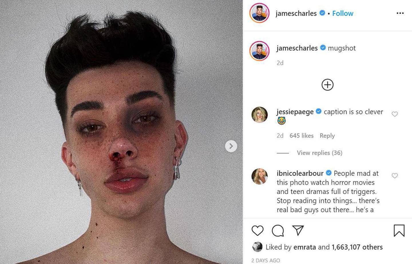 Make-up influencer James Charles shared his attempt at the mugshot challenge on Instagram. James Charles / Instagram