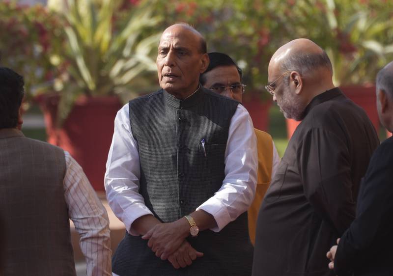 Indian Defence Minister Rajnath Singh (C) speaks after soldiers from India and China clashed at the disputed border. AP
