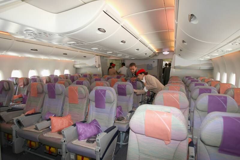 A general view of the economy class on board of the Airbus A380 on July 28, 2008 in Hamburg, Germany. Getty Images