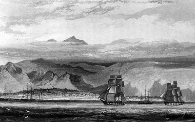 Lithograph titled View of Lima from the sea near Callao, Lima, Peru, in 1840. It is said to have been stolen by the crew of a ship tasked with sailing it to Mexico in 1820. Getty