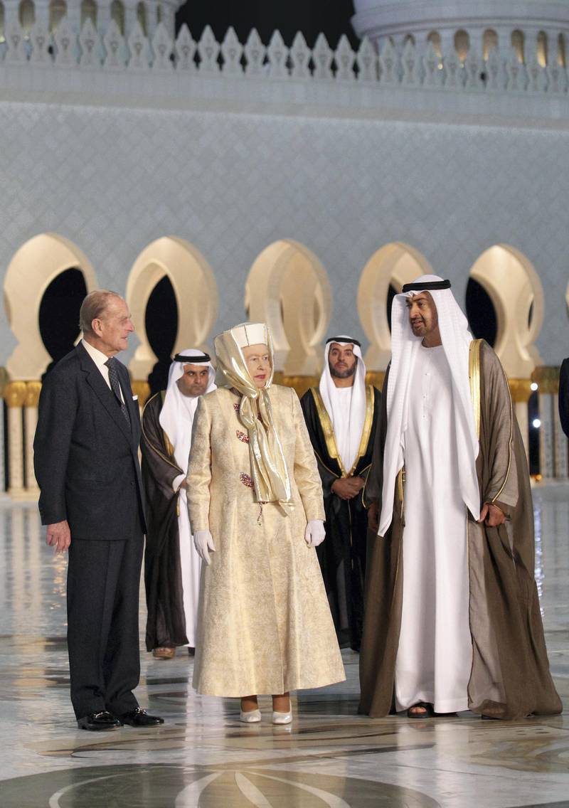ABU DHABI, UNITED ARAB EMIRATES - NOVEMBER 24:  Queen Elizabeth II, Prince Philip, Duke of Edinburgh and General Shaikh Mohammad Bin Zayed Al Nahyan, Abu Dhabi Crown Prince and Deputy Supreme Commander of the UAE Armed Forces arrive at the Sheikh Zayed Mosque on November 24, 2010 in Abu Dhabi, United Arab Emirates. Queen Elizabeth II and Prince Philip, Duke of Edinburgh will soon arrive on a State Visit to the Middle East. The Royal couple will spend two days in Abu Dhabi and three days in Oman.  (Photo by Chris Jackson/Getty Images)