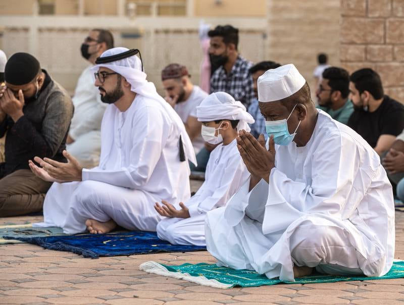 Worshippers at the Bani Hashim Mosque in Abu Dhabi. Victor Besa / The National