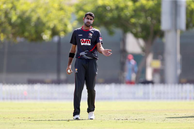 DUBAI , UNITED ARAB EMIRATES â€“ Nov 18 , 2015 : Ahmed Raza of UAE playing during the cricket match between UAE vs Hong Kong at ICC Academy Oval at Dubai Sports City in Dubai. ( Pawan Singh / The National ) For Sports Stock. Story by Paul Radley. ID Number : 50851 *** Local Caption ***  PS1811- UAE CRICKET03.jpg