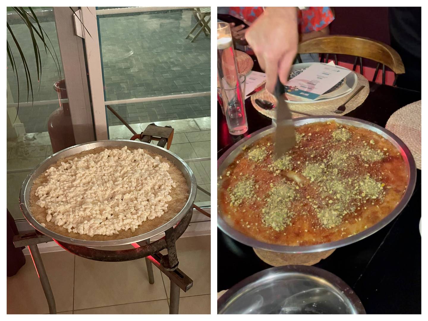 Left, knafeh with Nabulsi cheese on the cooker usually reserved for paella; right, chef Halawa's favourite knafeh Nabulsiyeh garnished with pistachios. Photo: Panna Munyal / The National