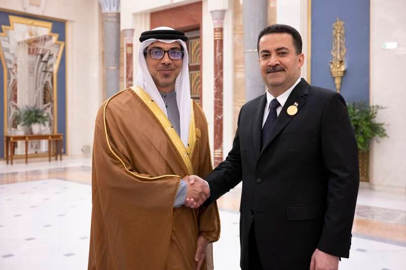 Sheikh Mansour bin Zayed, Vice President, Deputy Prime Minister and Minister of the Presidential Court, meets Iraqi Prime Minister Mohammed Shia Al Sudani during the Arab League summit