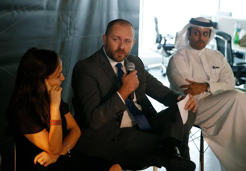 AbuDhabi, 12, July, 2017:  ( L to R )  Mylene Tisserant, Marc Martinez, and Mishaal Al Gergawi  during the talk on the major developments in the region and  the issues of three west asia  and north africa quarterly report at the Delma Institute in Abu Dhabi. ( Satish Kumar /  For the National )