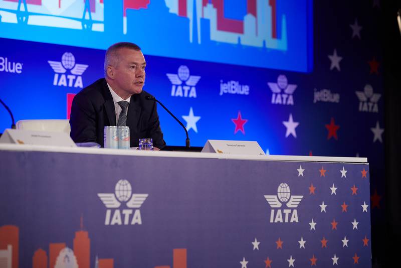 Willie Walsh, Iata director general addresses an in-person gathering of global airline chief executives for the first time since the pandemic in Boston, US. Courtesy Iata.
