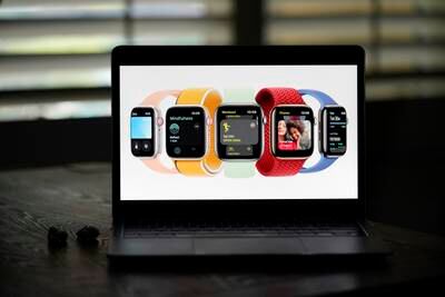 Seen on the screen of a device, new Apple Watch Series 7 models are introduced. AP