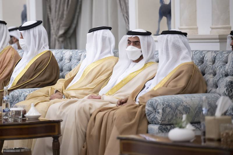 Sheikh Nahyan bin Saif bin Mohammed Al Nahyan, UAE Ambassador to Saudi Arabia, second right, attends the reception. Photo: Rashed Al Mansoori / Ministry of Presidential Affairs 