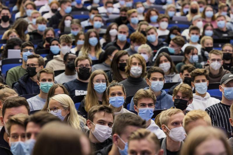 Students wear masks during a lecture at the Westfaelische Wilhelms-Universitaet in Muenster, Germany. AP Photo