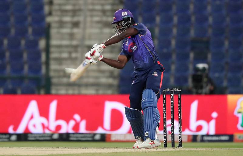 ABU DHABI , UNITED ARAB EMIRATES , Nov 20 – 2019 :- Andre Fletcher of Bangla Tigers playing a shot during the Abu Dhabi T10 Cricket match between Bangla Tigers vs Northern Warriors at Sheikh Zayed Cricket Stadium in Abu Dhabi. ( Pawan Singh / The National )  For Sports. Story by Paul