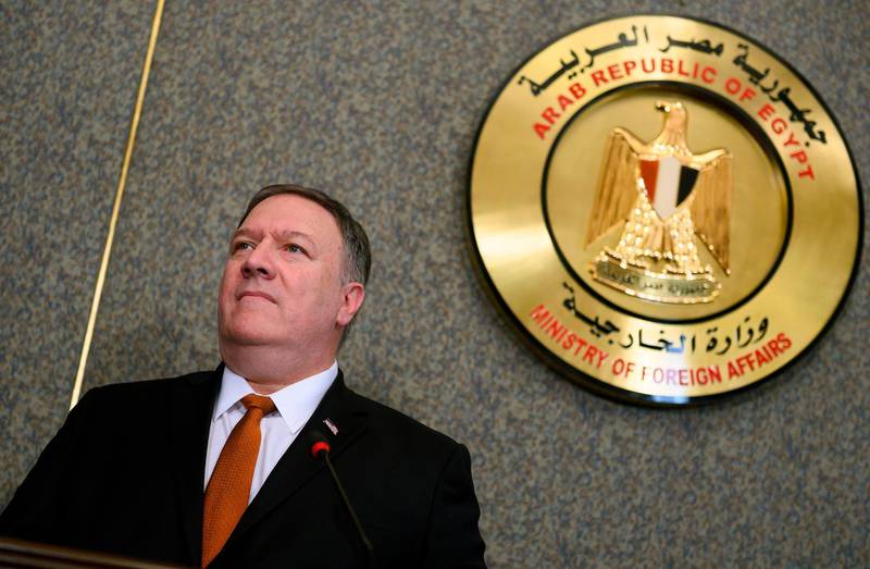 US Secretary of State Mike Pompeo holds a joint press conference with his Egyptian counterpart following their meeting at the ministry of foreign affairs in Cairo on January 10, 2019.  Pompeo also met with Egyptian President Abdel Fattah al-Sisi today, on the third leg of a regional tour to address concerns of American allies in the Middle East. / AFP / POOL / ANDREW CABALLERO-REYNOLDS

