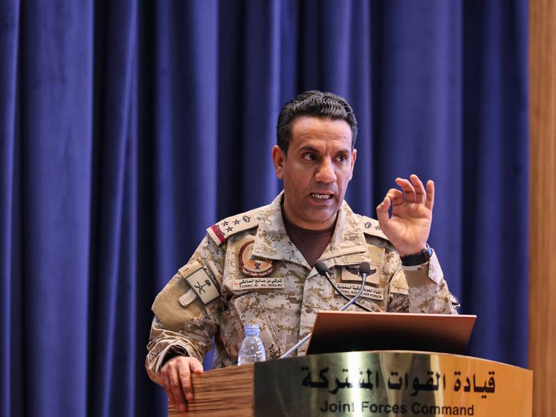 Brig Gen Turki Al Malki, spokesman of the Saudi Arabia-led coalition supporting Yemen's government, addresses the media in Riyadh. Reuters