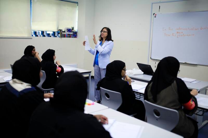 DUBAI, UAE. July 16, 2014 - Stock photograph of female Emirati students attending a phase 1 sales class as part of the YES program at the Institute of Applied Technology in Dubai, July 16, 2014. (Photos by: Sarah Dea/The National, Story by: Hareth Al Bustani, Focus)