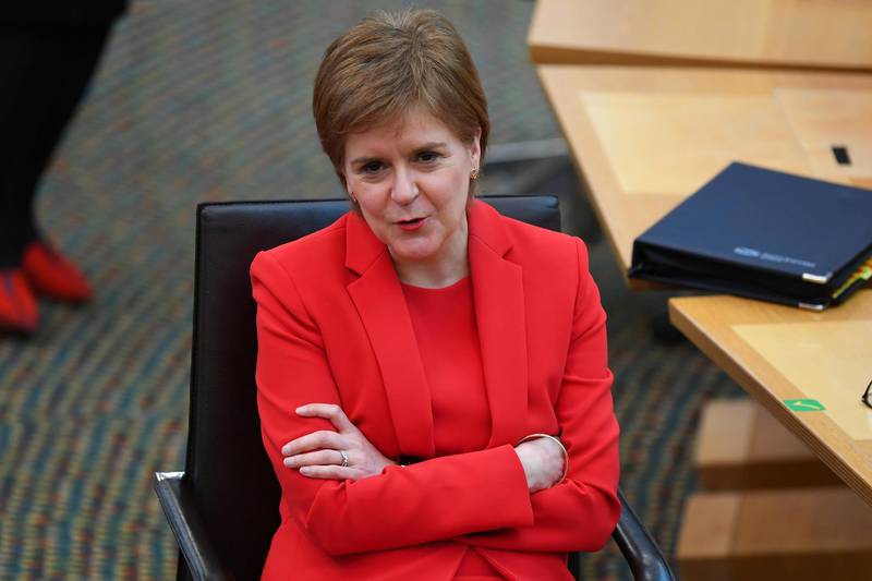 Scotland's First Minister Nicola Sturgeon attends First Minister's Questions at the Scottish Parliament in Edinburgh, Scotland, Britain March 18, 2021. Andy Buchanan/Pool via REUTERS