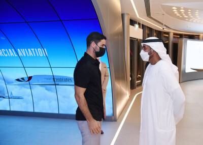 Arsenal manager Mikel Arteta is welcomed by Sheikh Ahmed bin Saeed, chairman and chief executive of Emirates Airline and Group. All photos: Emirates