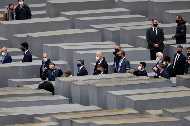 Sheikh Abdullah bin Zayed, Minister of Foreign Affairs and International Co-operation and his Israeli counterpart Gabi Ashkenazi visit the Holocaust memorial together with German Foreign Minister Heiko Maas prior to their historic meeting in Berlin, Germany.  Reuters