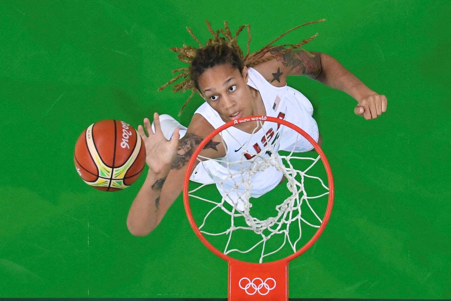 Griner goes up in the Women's Gold Medal Game, USA v Spain in Rio de Janeiro, Brazil, 2016.  Reuters