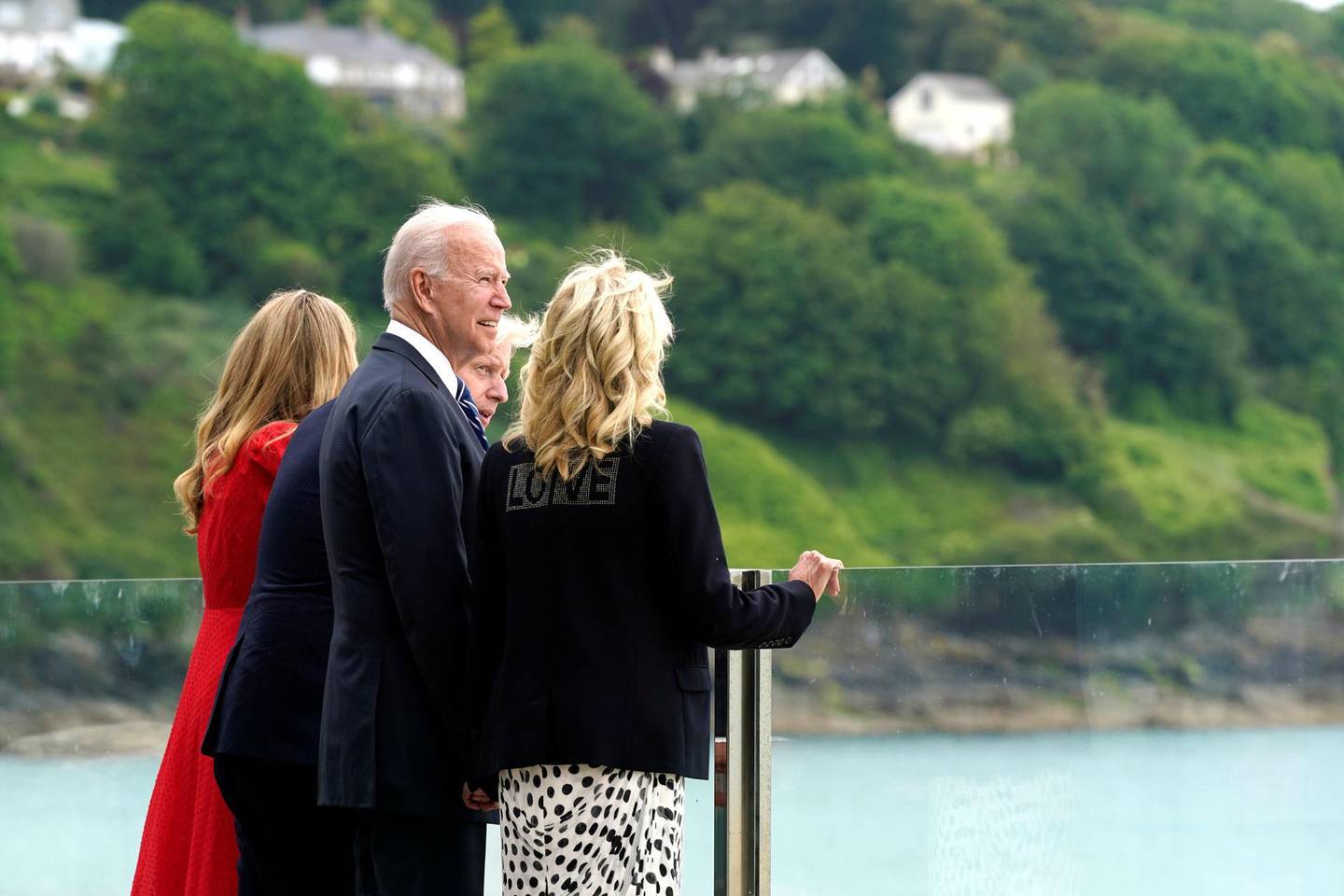 President Joe Biden and first lady Jill Biden are greeted by British Prime Minister Boris Johnson and his wife Carrie Johnson, ahead of the G-7 summit, Thursday, June 10, 2021, in Carbis Bay, England. (AP Photo/Patrick Semansky)