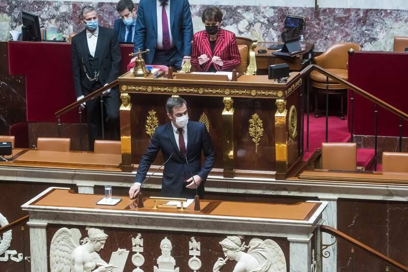 French Health Minister Olivier Veran gives a speech to parliament during a debate on a bill to bring in a compulsory vaccine pass. EPA