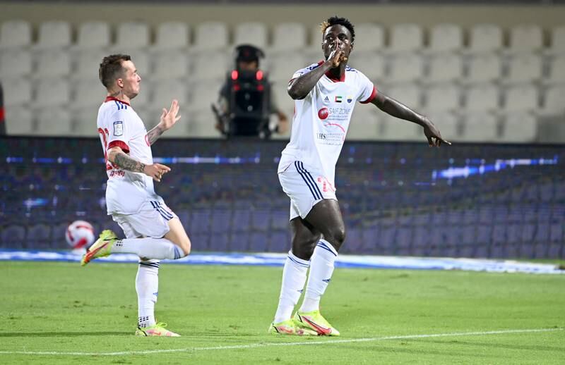 Sharjah substitute Ben Malango celebrates the first of his two strikes in a 3-2 win against Al Wasl. Courtesy Pro League