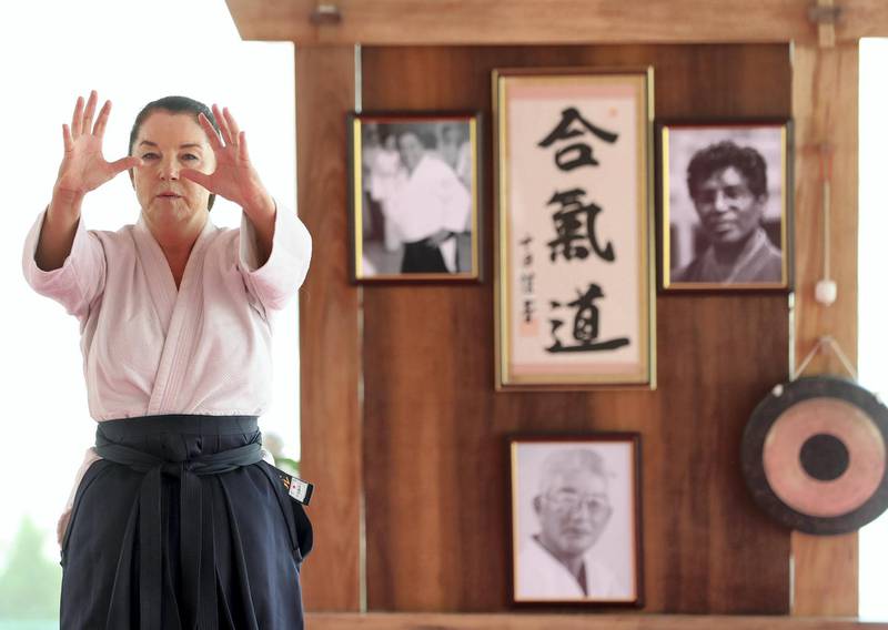 Dubai, United Arab Emirates - July 20, 2019: Cathy Darnell is the only female Aikido instructor in Dubai and is a 4th dan, she has the oldest dojo in the country, Zanshinkan Aikido club Dubai is celebrating our 25th anniversary in 2020. Saturday the 20th of July 2019. Al Barsha, Dubai. Chris Whiteoak / The National