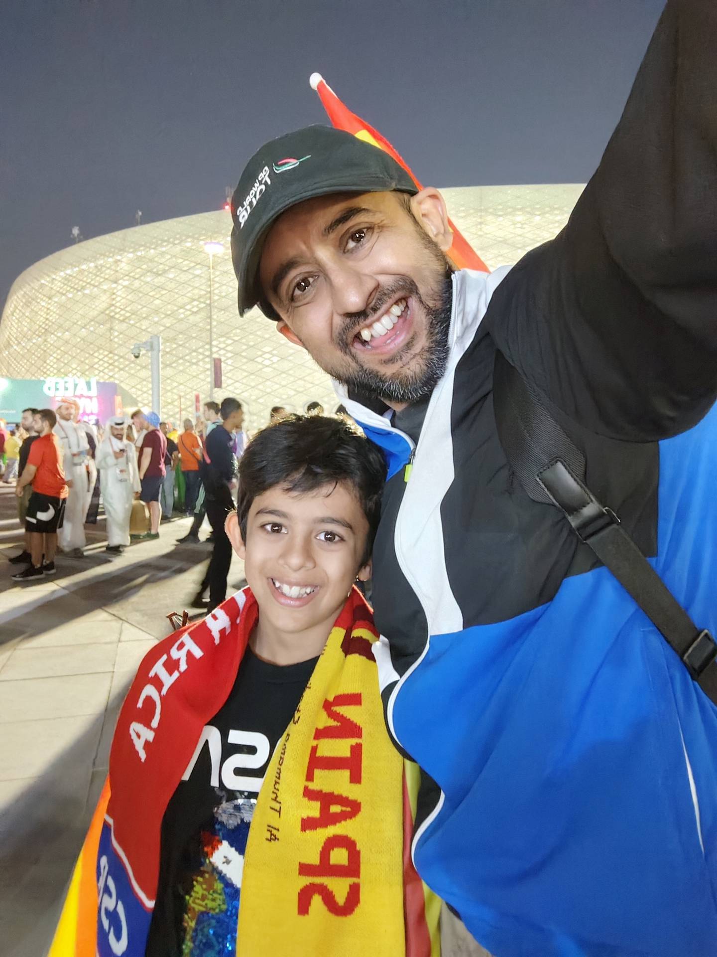Saptarshi Bandopadhyay and his son Siddharth at the Spain match when the Spaniards beat Costa Rica 7-0. Photo: Saptarshi Bandopadhyay