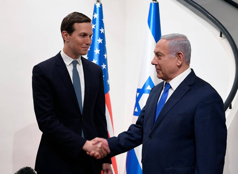 epa07612512 A handout photo made available by the US Embassy to Israel in Jerusalem shows the Israeli Prime Minister Benjamin Netanyahu (R) meets with US President Trump’s senior adviser Jared Kushner (L) at the Prime Minister's residence in Jerusalem, Israel, 30 May 2019. Kushner's visit comes one day after the Israeli parliament dissolved itself after Netanyahu failed to form a government coalition, and shortly ahead of an Israeli-Palestinian peace plan talks scheduled in Manama.  EPA/Stern Matty / HANDOUT  HANDOUT EDITORIAL USE ONLY/NO SALES