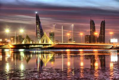 Mandatory Credit: Photo by imageBROKER/REX/Shutterstock (1858916a)
Skyline of the Corniche as seen from King Faisal Highway, Muharraq side, World Trade Center buildings, left, beside the towers of the Financial Harbour Complex, Muharriq Bridge at the Sheikh Isa Causeway, capital city, Manama, Kingdom of Bahrain, Persian Gulf
VARIOUS