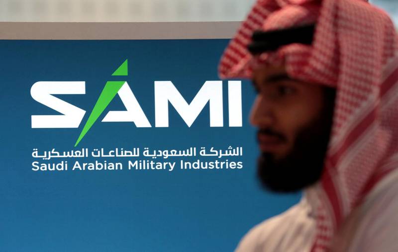 FILE PHOTO: Saudi Arabian Military Industries (SAMI) logo is seen during the International Defence Exhibition & Conference (IDEX) in Abu Dhabi, United Arab Emirates February 17, 2019. REUTERS/Christopher Pike/File Photo