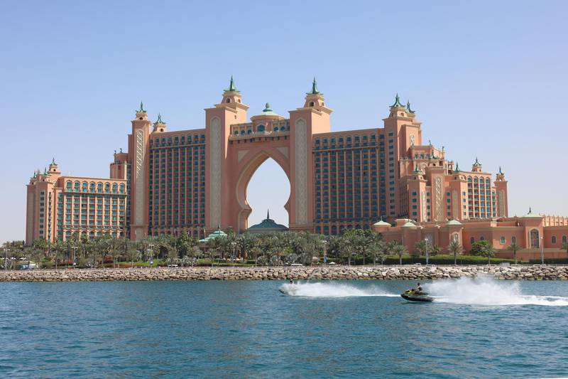 This picture taken on March 3, 2021, shows a view of the Atlantis hotel on the Palm in Dubai in the United Arab Emirates. (Photo by GIUSEPPE CACACE / AFP)