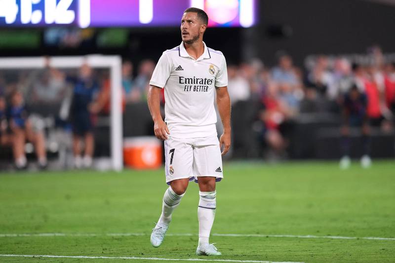 Real Madrid forward Eden Hazard looks on against Barcelona during a game at Allegiant Stadium. USA Today