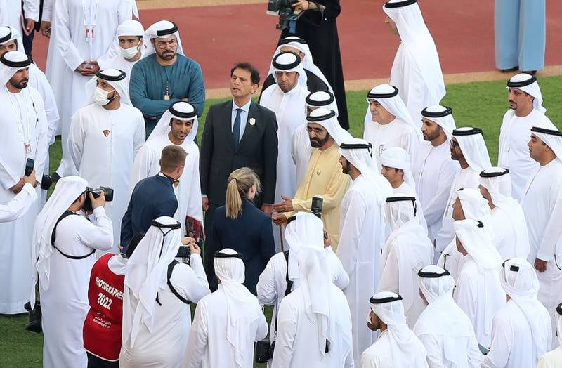 Sheikh Mohammed bin Rashid, Vice President and Ruler of Dubai, and Sheikh Hamdan bin Mohammed, Crown Prince of Dubai, attend the Dubai World Cup at Meydan Racecourse. Chris Whiteoak / The National