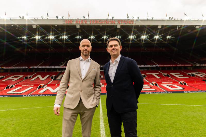 Newly appointed Manchester United manager Erik ten Hag with football director John Murtough during his unveiling at Old Trafford. PA
