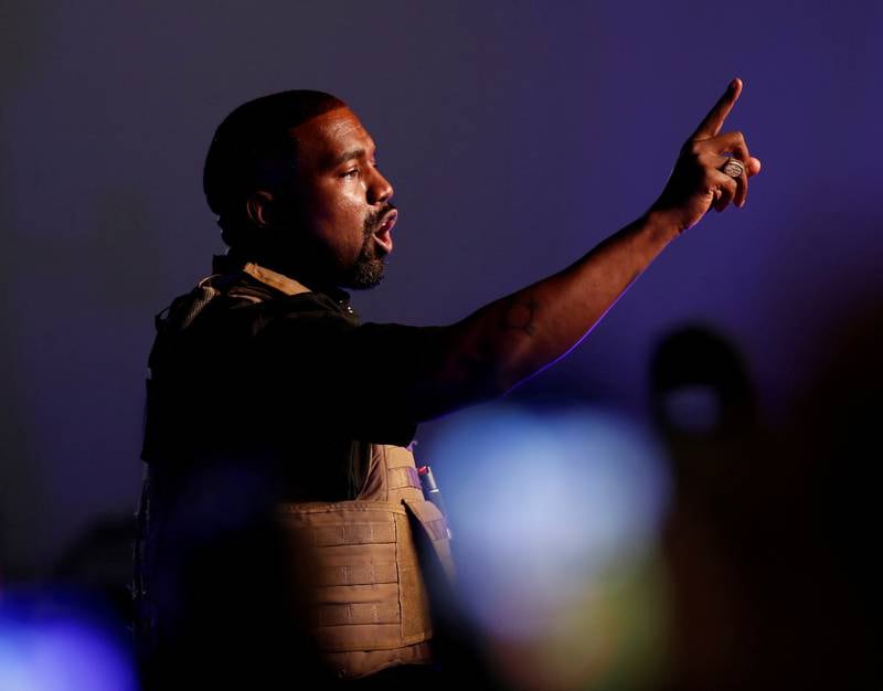 Kanye West gestures to the crowd as he holds his first rally in support of his presidential bid in North Charleston, South Carolina on July 19, 2020. Reuters