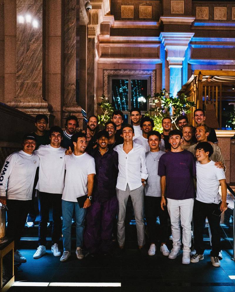 All 20 drivers from the current Formula One season enjoyed a dinner to celebrate Sebastian Vettel's retirement. Photo: Sir Lewis Hamilton / Instagram