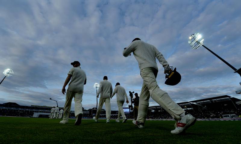 BIRMINGHAM, ENGLAND - AUGUST 19:  England walk out to field after tea during day three of the 1st Investec Test between England and the West Indies at Edgbaston on August 19, 2017 in Birmingham, England.  (Photo by Gareth Copley/Getty Images)