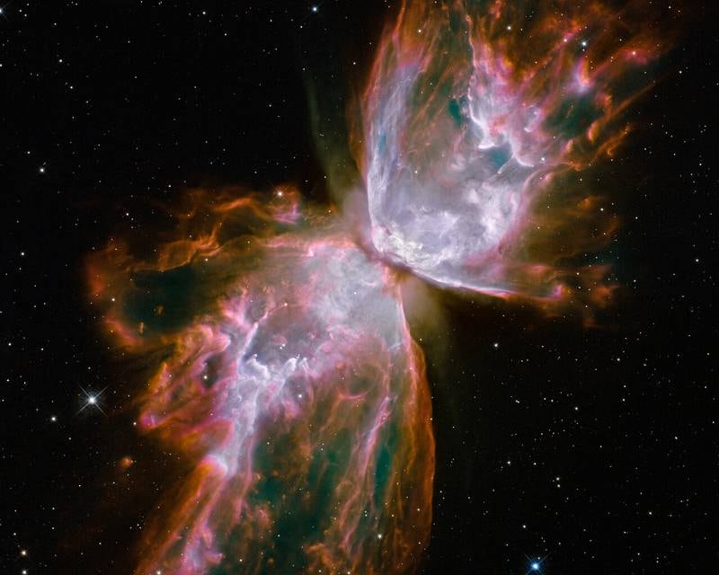 This is the NGC 6302 planetary nebula - commonly referred to as the Butterfly Nebula because of its shape. The ‘wings’ are gas heated to nearly 20,000°C and it is tearing across space at more than 950,000 kilometres an hour. At the centre of the nebula is a dying star that was once about five times the mass of the Sun. The image was captured by the Hubble telescope in 2009. Photo: European Space Agency