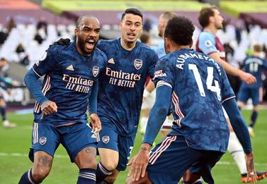 Arsenal's Alexandre Lacazette celebrates scoring. Reuters
