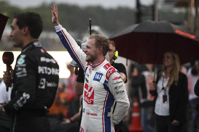 Kevin Magnussen celebrates his pole position for the sprint Brazilian Grand Prix. EPA