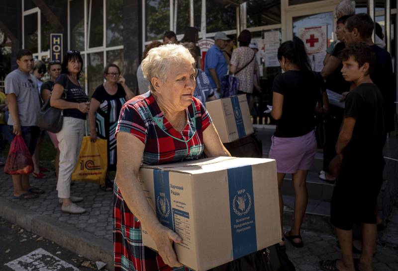 Humanitarian aid is provided for the needy at a distribution centre in Mykolaiv, Ukraine. AP