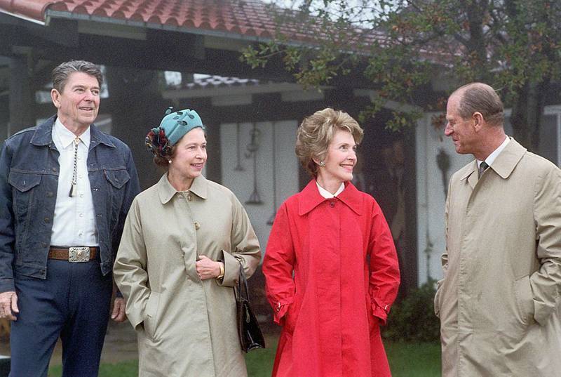 Queen Elizabeth made lighthearted jokes about the rainy weather while visiting California. US Photo: Ronald Reagan Presidential Library