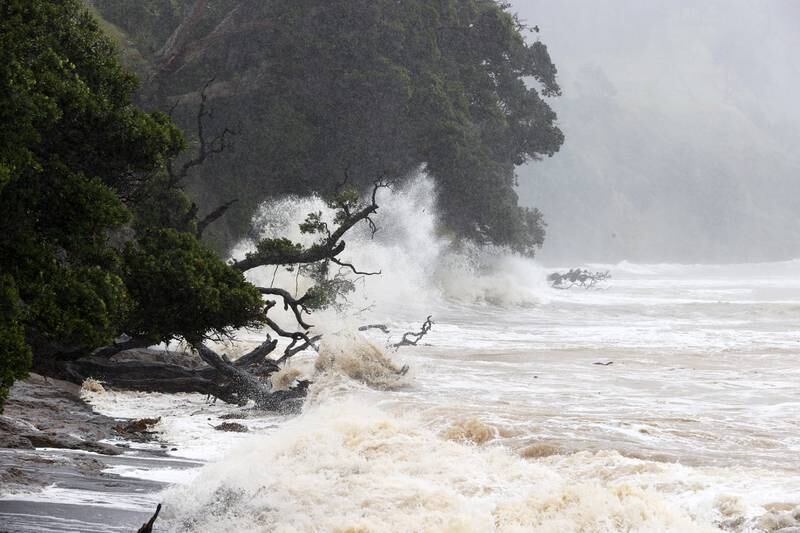 Huge waves from Cyclone Gabrielle hit the Goat Island Marine Reserve on February 13 near Auckland, New Zealand. Getty