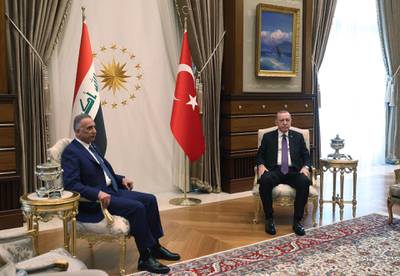 Turkish President Recep Tayyip Erdogan meets with Iraq's Prime Minister Mustafa Al Kadhimi at the presidential palace in Ankara. EPA