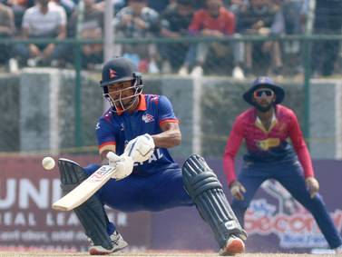 Rohit Kumar Paudel of Nepal plays a shot in the ICC Cricket World Cup League 2 match between United Arab Emirates (UAE) and Nepal at the TU International Cricket Stadium, Kathmandu, Nepal on Sunday, 12th March 2023. Subas Humagain for The National