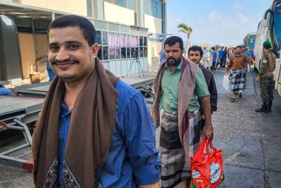 Released Houthi rebel prisoners in Aden, on their way to board a flight to Sanaa. AFP