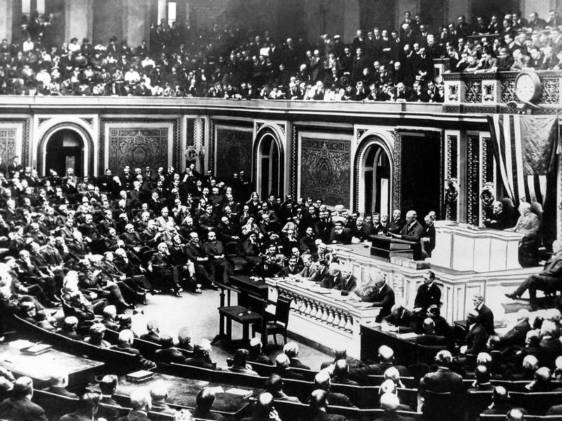 US President Woodrow Wilson delivers a speech to the joint session of Congress, in Washington, DC, United States, on April 2, 1917.