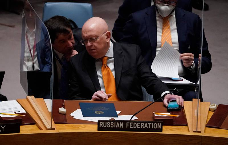 Russia's UN ambassador Vassily Nebenzia left the UN Security Council chamber angrily after criticism about the invasion of Ukraine. Photo: AFP